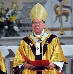 Archbishop Daniel M. Buechlein delivers the homily during Bishop Christopher J. Coyne’s ordination Mass on March 2 at St. John the Evangelist Church in Indianapolis. (Photo by Mary Ann Wyand)