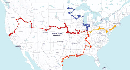 This is an updated map showing the four routes of the National Eucharistic Pilgrimage to the National Eucharistic Congress in 2024. The pilgrimage launched from four points in the U.S. on May 18-19 and converges eight weeks later in Indianapolis for the July 17-21 congress. (OSV News illustration/courtesy National Eucharistic Congress)